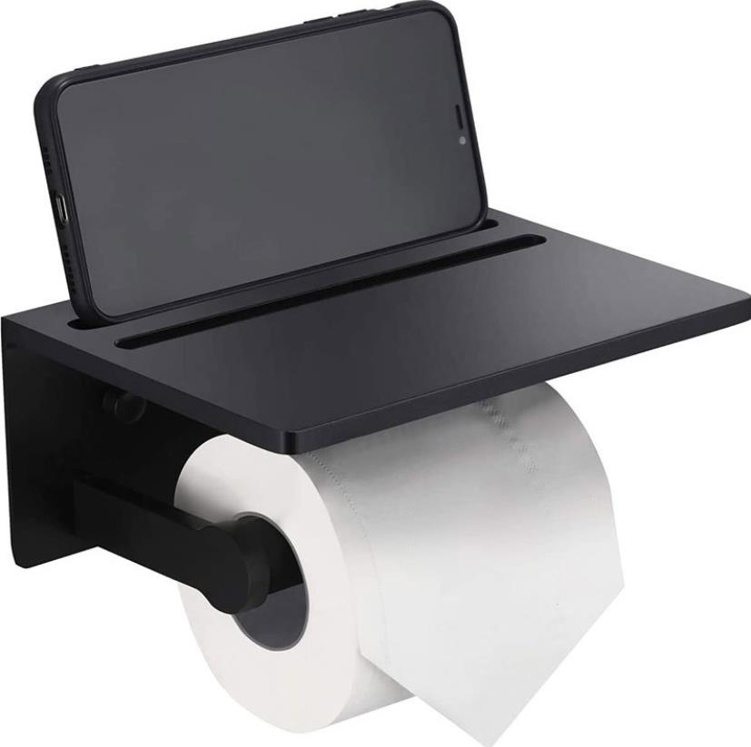 Wall Mounted sticker Adhesive No Drilling Aluminum Black Toilet Paper Roll Holder with Phone shelf