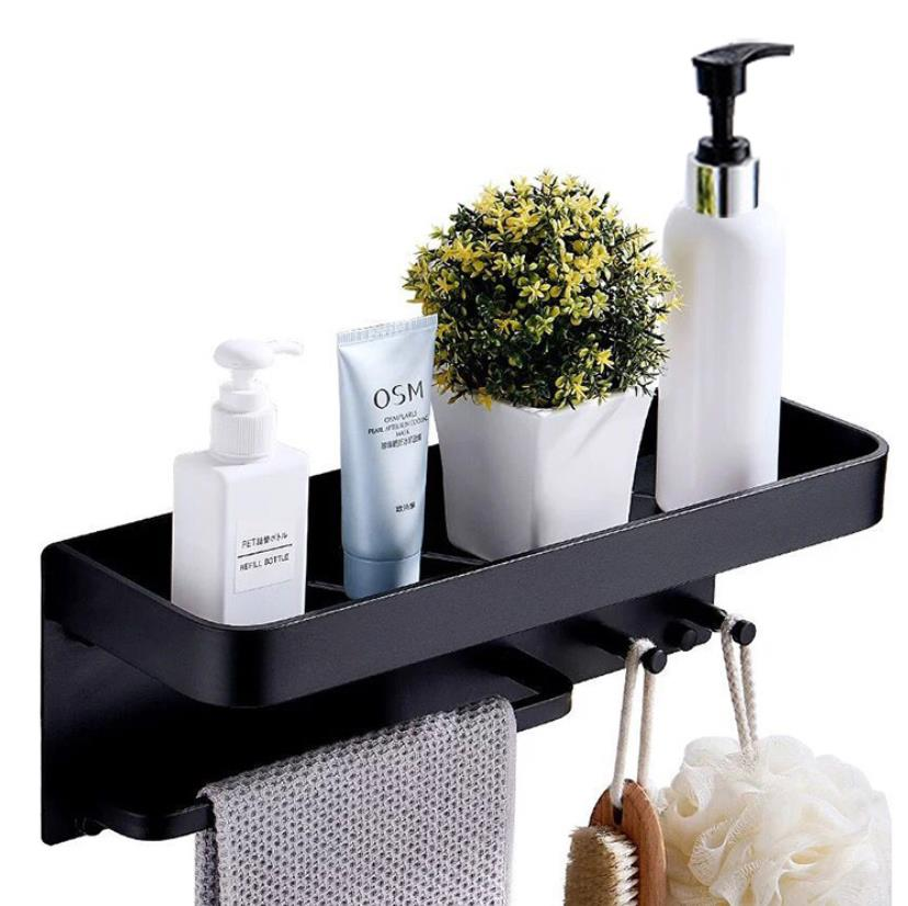 Amazon Europe Hot Selling Kitchen No Drilling Bathroom Black Shower Shelf with Hooks and Towel Rack