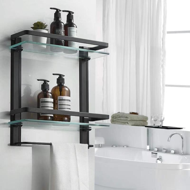 2 Layer Black Aluminum bathroom shelf wholesale Bathroom Rack Square Glass Shelf Brackets with Towel Bar