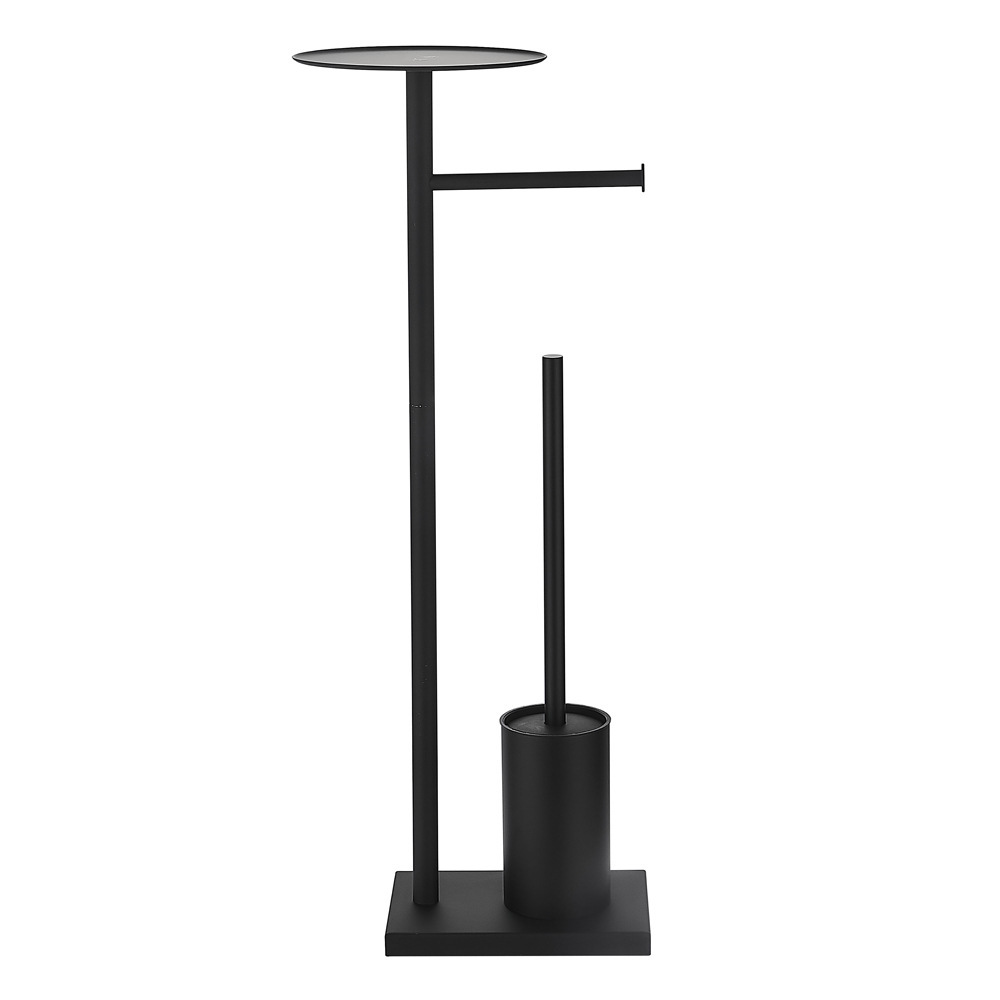 Bathroom Durable Metal Toilet Paper Holder With Phone Shelf Black Toilet Roll Holder Standing Toilet Brush 