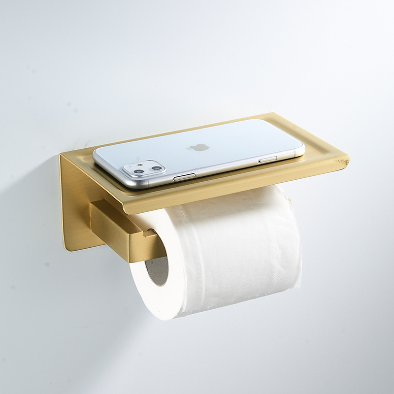 Wall Mounted Brushed Gold Bathroom Toilet Tissue Paper Shelf Roll Storage Holder with Phone Shelf