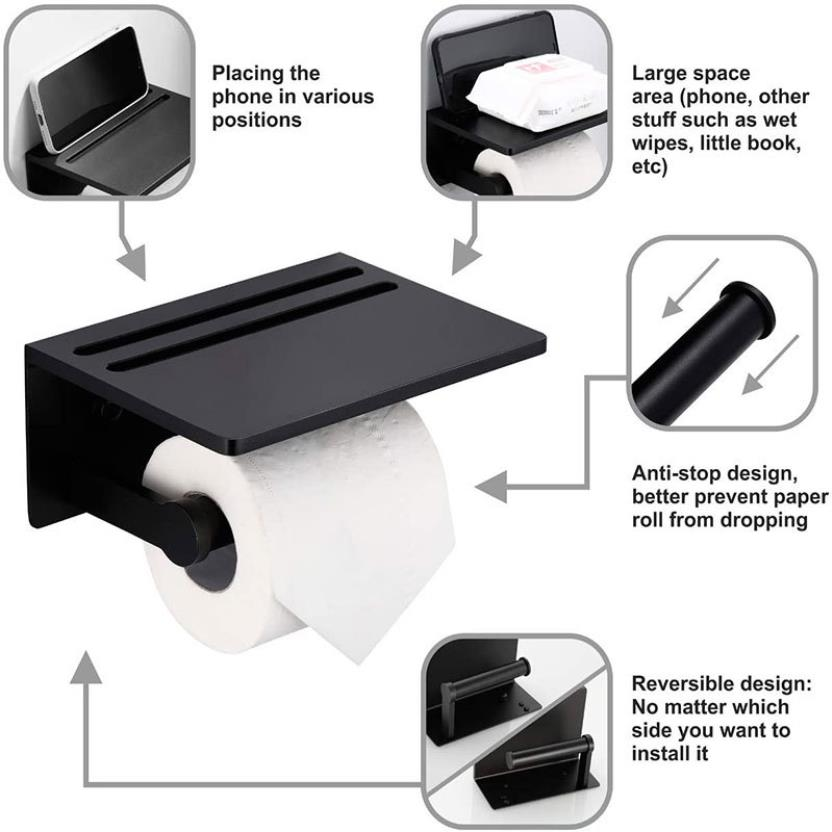 Wall Mounted sticker Adhesive No Drilling Aluminum Black Toilet Paper Roll Holder with Phone shelf - 副本