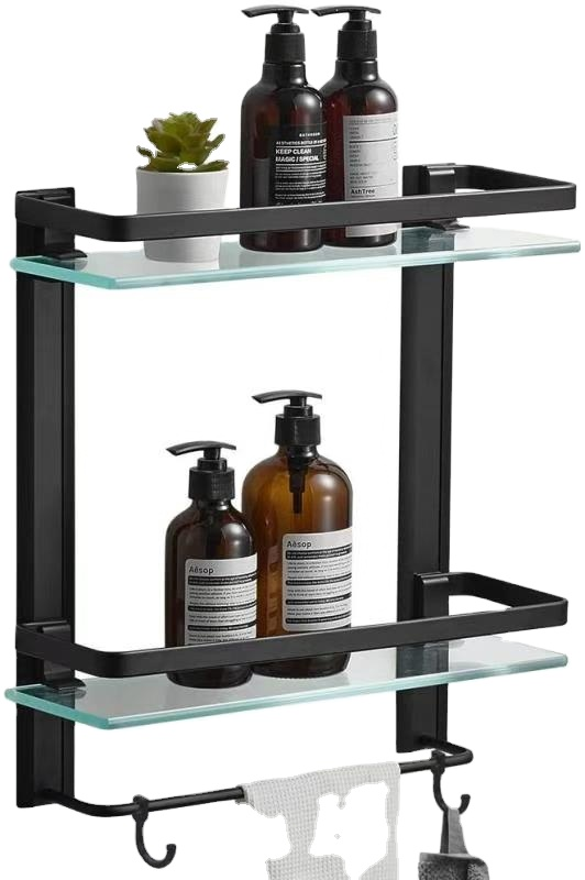 2 Layer Black Aluminum bathroom shelf wholesale Bathroom Rack Square Glass Shelf Brackets with Towel Bar